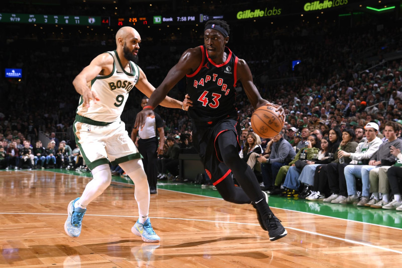 BOSTON, MA - DECEMBER 29: Pascal Siakam #43 of the Toronto Raptors drives to the basket during the game against the Boston Celtics on December 29, 2023 at the TD Garden in Boston, Massachusetts. NOTE TO USER: User expressly acknowledges and agrees that, by downloading and or using this photograph, User is consenting to the terms and conditions of the Getty Images License Agreement. Mandatory Copyright Notice: Copyright 2023 NBAE  (Photo by Brian Babineau/NBAE via Getty Images)