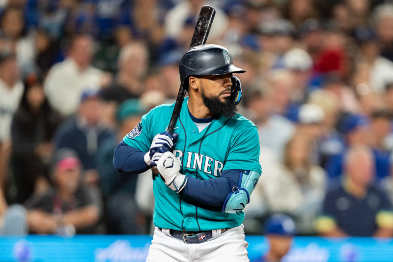 SEATTLE, WA - SEPTEMBER 16: Teoscar Hernandez #35 of the Seattle Mariners prepares to bat during the game between the Los Angeles Dodgers and the Seattle Mariners at T-Mobile Park on Saturday, September 16, 2023 in Seattle, Washington. (Photo by Liv Lyons/MLB Photos via Getty Images)