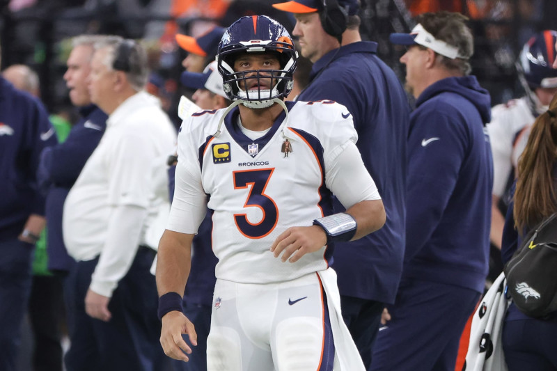 LAS VEGAS, NEVADA - JANUARY 07: Russell Wilson #3 of the Denver Broncos looks on during the third quarter in the game against the Las Vegas Raiders at Allegiant Stadium on January 07, 2024 in Las Vegas, Nevada. (Photo by Ethan Miller/Getty Images)