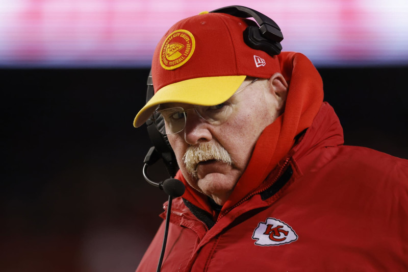 KANSAS CITY, MISSOURI - JANUARY 13: Head coach Andy Reid of the Kansas City Chiefs looks on during the AFC Wild Card Playoffs against the Miami Dolphins at GEHA Field at Arrowhead Stadium on January 13, 2024 in Kansas City, Missouri. (Photo by David Eulitt/Getty Images)