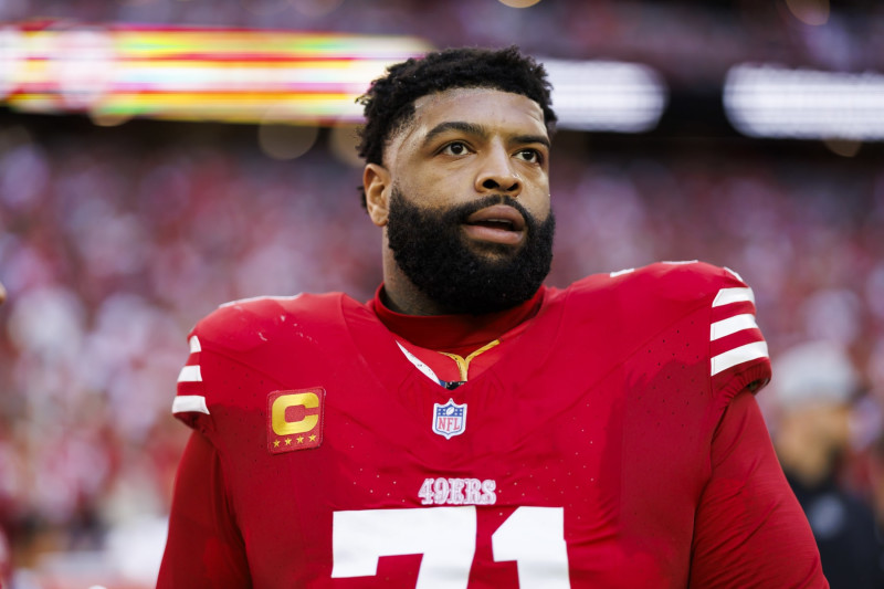 GLENDALE, ARIZONA - DECEMBER 17: Trent Williams #71 of the San Francisco 49ers looks on from the sideline before an NFL football game against the Arizona Cardinals at State Farm Stadium on December 17, 2023 in Glendale, Arizona. (Photo by Ryan Kang/Getty Images)