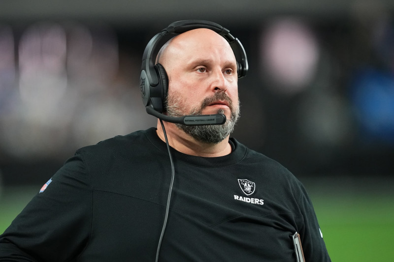 LAS VEGAS, NEVADA - DECEMBER 04: Offensive line coach Carmen Bricillo of the Las Vegas Raiders looks on in the second half of a game against the Los Angeles Chargers at Allegiant Stadium on December 04, 2022 in Las Vegas, Nevada. (Photo by Chris Unger/Getty Images)