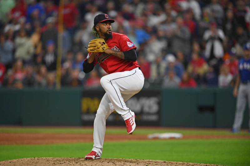 CLEVELAND, OHIO - SEPTEMBER 16, 2023: Emmanuel Clase #48 of the Cleveland Guardians throws a pitch during the ninth inning against the Texas Rangers at Progressive Field on September 16, 2023 in Cleveland, Ohio. (Photo by George Kubas/Diamond Images via Getty Images)