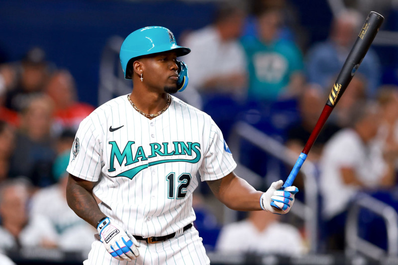 MIAMI, FLORIDA - AUGUST 25: Jorge Soler #12 of the Miami Marlins at bat against the Washington Nationals during the fourth inning at loanDepot park on August 25, 2023 in Miami, Florida. (Photo by Megan Briggs/Getty Images)