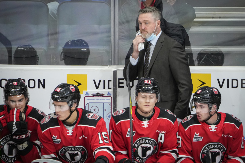 QUEBEC CITY, QC - OCTOBER 27:  Patrick Roy, head coach of the Quebec Remparts, looks on during his team QMJHL hockey game against the Acadie-Bathurst Titan at the Videotron Center on October 27, 2021 in Quebec City, Quebec, Canada. (Photo by Mathieu Belanger/Getty Images)