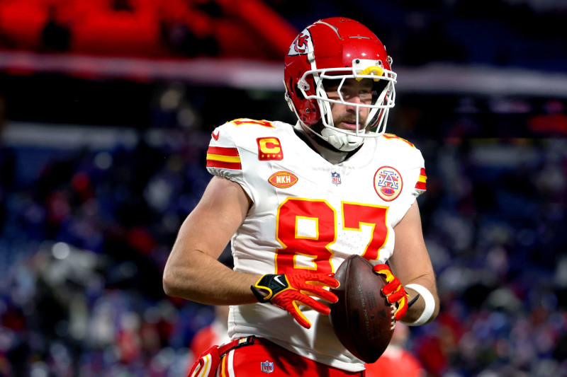 ORCHARD PARK, NEW YORK - JANUARY 21: Travis Kelce #87 of the Kansas City Chiefs warms up prior to the AFC Divisional Playoff game against the Buffalo Bills at Highmark Stadium on January 21, 2024 in Orchard Park, New York. (Photo by Timothy T Ludwig/Getty Images)