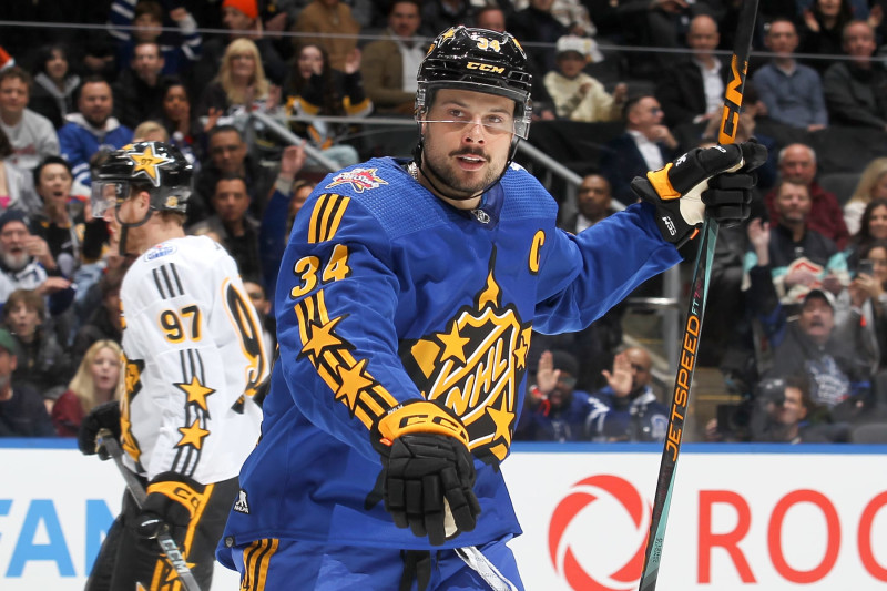 TORONTO, ONTARIO - FEBRUARY 03: Auston Matthews #34 of the Toronto Maple Leafs celebrates his goal during the game between Team Matthews and Team McDavid during the 2024 Honda NHL All-Star Game on February 03, 2024 in Toronto, Ontario. (Photo by Claus Andersen/Getty Images)