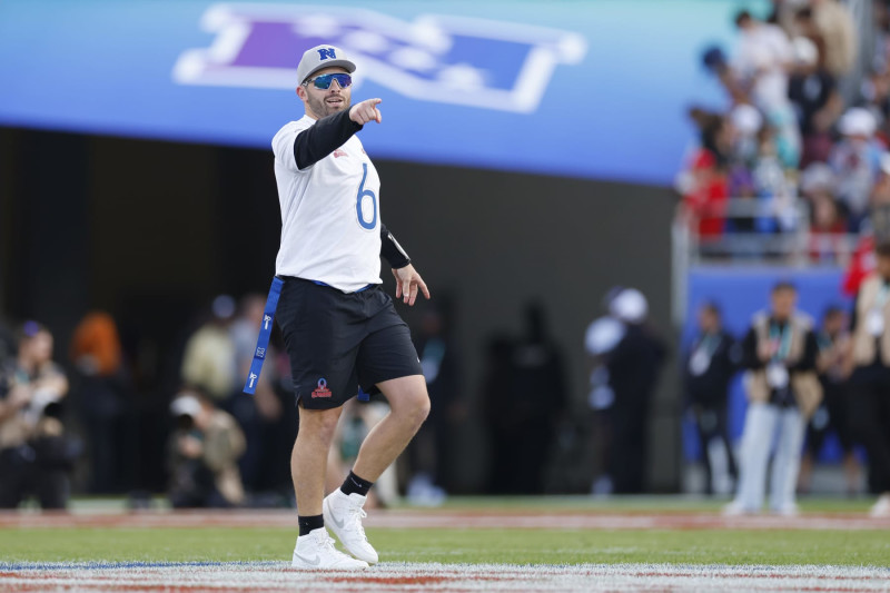 ORLANDO, FLORIDA - FEBRUARY 04: Baker Mayfield #6 of the Tampa Bay Buccaneers and NFC reacts during the 2024 NFL Pro Bowl Games at Camping World Stadium on February 04, 2024 in Orlando, Florida. (Photo by Mike Ehrmann/Getty Images)