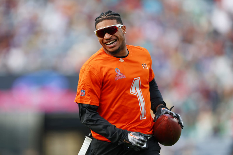 ORLANDO, FLORIDA - FEBRUARY 04: Ja’Marr Chase #1 of the Cincinnati Bengals and AFC reacts during the 2024 NFL Pro Bowl Games at Camping World Stadium on February 04, 2024 in Orlando, Florida. (Photo by Megan Briggs/Getty Images)