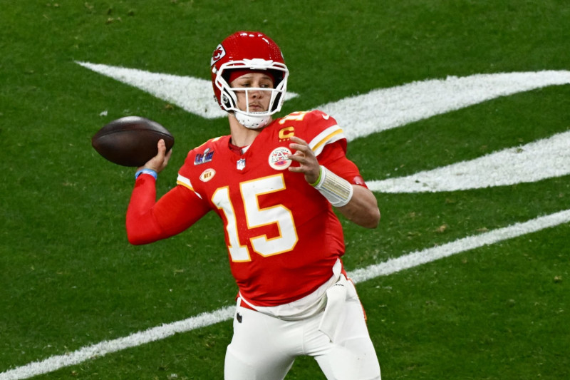 Kansas City Chiefs' quarterback #15 Patrick Mahomes during Super Bowl LVIII between the Kansas City Chiefs and the San Francisco 49ers at Allegiant Stadium in Las Vegas, Nevada, February 11, 2024. (Photo by Patrick T. Fallon / AFP) (Photo by PATRICK T. FALLON/AFP via Getty Images)