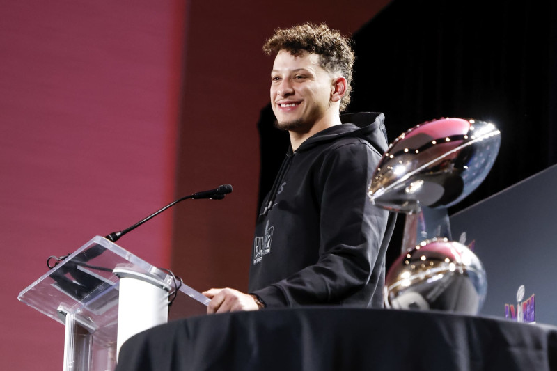 LAS VEGAS, NEVADA - FEBRUARY 12: Quarterback Patrick Mahomes #15 of the Kansas City Chiefs address the media after being presented the Pete Rozelle Trophy as Super Bowl LVIII Most Valuable Players during the Super Bowl Winning Team Head Coach and MVP Press Conference at the Mandalay Bay North Convention Center on February 12, 2024 in Las Vegas, Nevada. (Photo by Don Juan Moore/Getty Images)