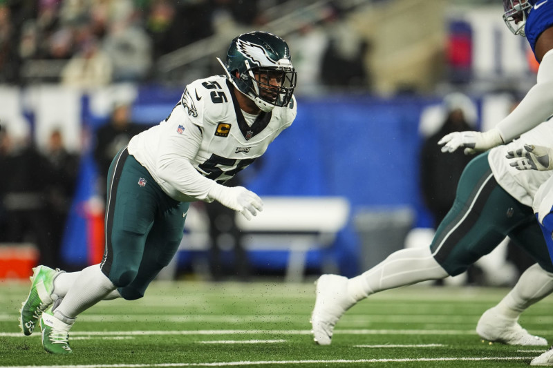 EAST RUTHERFORD, NJ - JANUARY 07: Brandon Graham #55 of the Philadelphia Eagles rushes the passer during an NFL football game against the New York Giants at MetLife Stadium on January 7, 2024 in East Rutherford, New Jersey. (Photo by Cooper Neill/Getty Images)