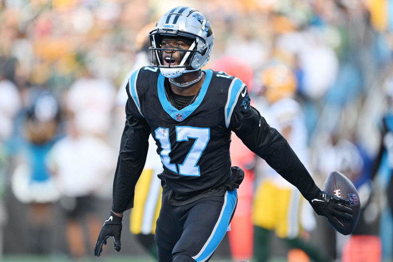 CHARLOTTE, NORTH CAROLINA - DECEMBER 24: DJ Chark Jr. #17 of the Carolina Panthers celebrates after scoring a touchdown during the fourth quarter against the Green Bay Packers at Bank of America Stadium on December 24, 2023 in Charlotte, North Carolina. (Photo by Grant Halverson/Getty Images)