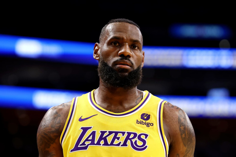 LOS ANGELES, CALIFORNIA - FEBRUARY 13: LeBron James #23 of the Los Angeles Lakers looks on during the first quarter against the Detroit Pistons at Crypto.com Arena on February 13, 2024 in Los Angeles, California. NOTE TO USER: User expressly acknowledges and agrees that, by downloading and or using this photograph, user is consenting to the terms and conditions of the Getty Images License Agreement. (Photo by Katelyn Mulcahy/Getty Images)