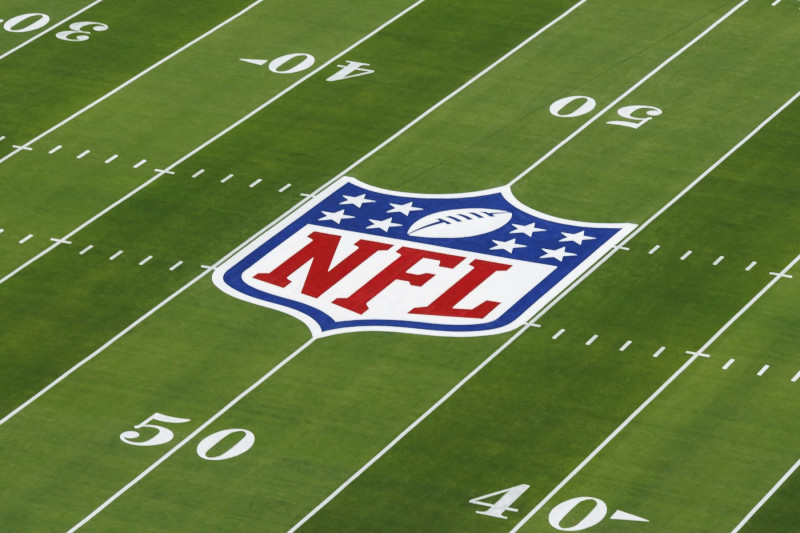 LAS VEGAS, NEVADA - FEBRUARY 11: A detail view of the NFL shield logo painted on the field before Super Bowl LVIII between the Kansas City Chiefs and San Francisco 49ers at Allegiant Stadium on February 11, 2024 in Las Vegas, Nevada. (Photo by Ryan Kang/Getty Images)