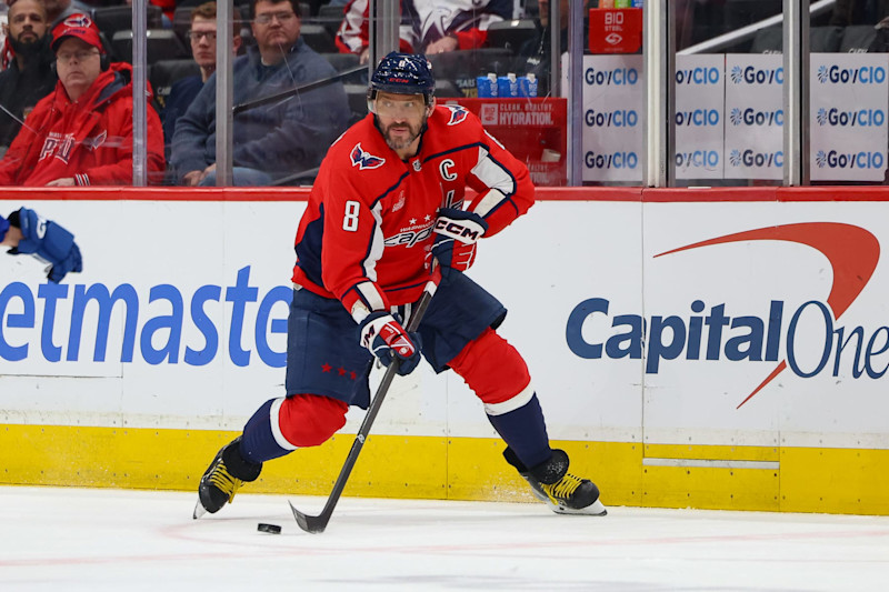 WASHINGTON, DC - FEBRUARY 11: Alex Ovechkin #8 of the Washington Capitals controls the puck during a game against the Vancouver Canucks at Capital One Arena on February 11, 2024 in Washington, D.C. (Photo by John McCreary/NHLI via Getty Images)