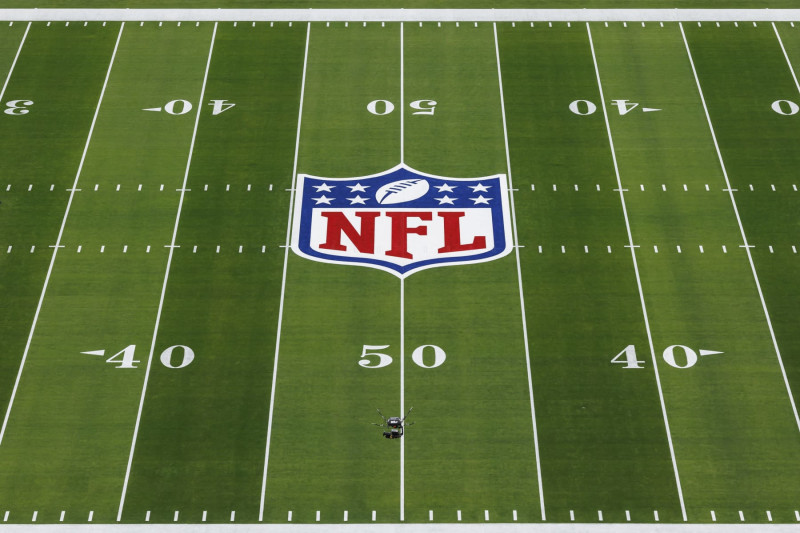 LAS VEGAS, NEVADA - FEBRUARY 11: A detail view of the NFL shield logo painted on the field before the NFL Super Bowl LVIII football game between the Kansas City Chiefs and San Francisco 49ers at Allegiant Stadium on February 11, 2024 in Las Vegas, Nevada. (Photo by Ryan Kang/Getty Images)