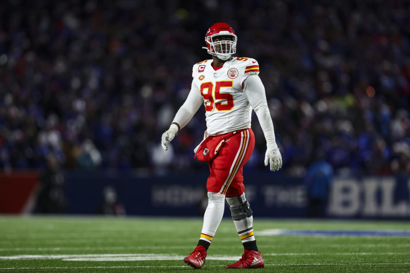 ORCHARD PARK, NY - JANUARY 21: Chris Jones #95 of the Kansas City Chiefs looks on from the field during an NFL divisional round playoff football game against the Buffalo Bills at Highmark Stadium on January 21, 2024 in Orchard Park, New York. (Photo by Perry Knotts/Getty Images)