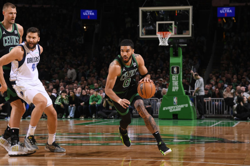 BOSTON, MA - MARCH 1: Jayson Tatum #0 of the Boston Celtics dribbles the ball during the game against the Dallas Mavericks on March 1, 2024 at the TD Garden in Boston, Massachusetts. NOTE TO USER: User expressly acknowledges and agrees that, by downloading and or using this photograph, User is consenting to the terms and conditions of the Getty Images License Agreement. Mandatory Copyright Notice: Copyright 2024 NBAE  (Photo by Brian Babineau/NBAE via Getty Images)