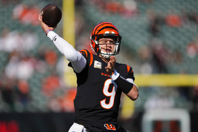 CINCINNATI, OHIO - NOVEMBER 12: Joe Burrow #9 of the Cincinnati Bengals warms up before the game against the Houston Texans at Paycor Stadium on November 12, 2023 in Cincinnati, Ohio. (Photo by Dylan Buell/Getty Images)