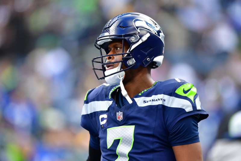 SEATTLE, WASHINGTON - DECEMBER 31: Geno Smith #7 of the Seattle Seahawks warms up prior to a game against the Pittsburgh Steelers at Lumen Field on December 31, 2023 in Seattle, Washington. (Photo by Jane Gershovich/Getty Images)