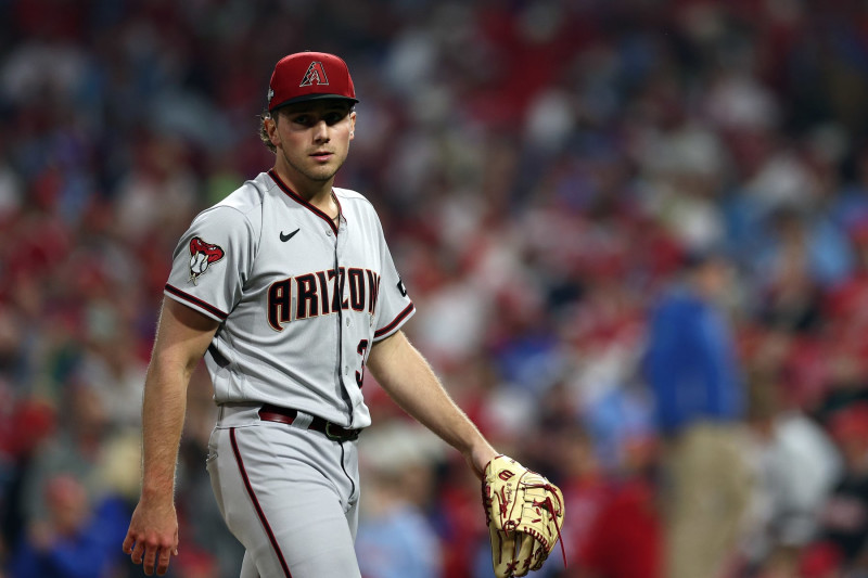 PHILADELPHIA, PENNSYLVANIA - OCTOBER 24: Brandon Pfaadt #32 of the Arizona Diamondbacks looks on against the Philadelphia Phillies during the first inning in Game Seven of the Championship Series at Citizens Bank Park on October 24, 2023 in Philadelphia, Pennsylvania. (Photo by Elsa/Getty Images)