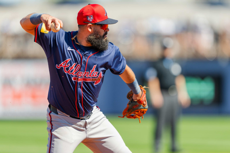 PORT CHARLOTTE, FLORIDA - FEBRUARY 24: Luis Guillorme #15 of the Atlanta Braves throws the ball to first base in the third inning during a Grapefruit League spring training game against the Tampa Bay Rays at Charlotte Sports Park on February 24, 2024 in Port Charlotte, Florida. (Photo by Matthew Grimes Jr./Atlanta Braves/Getty Images)