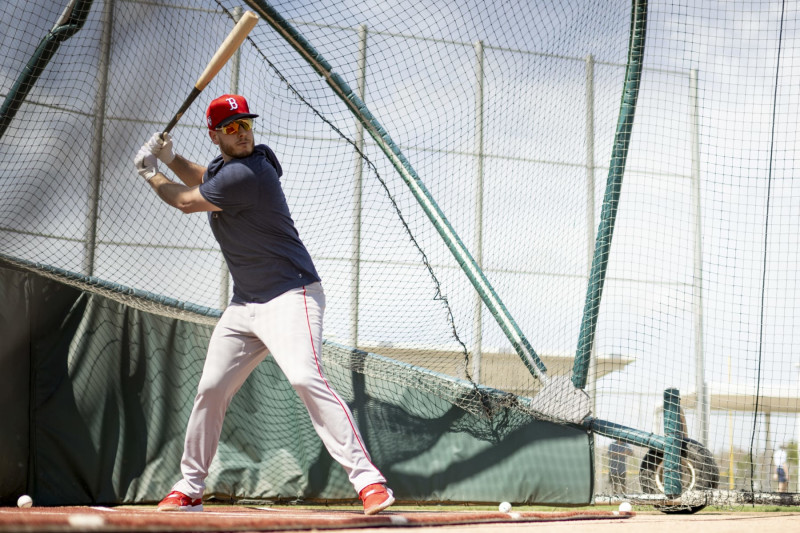 FORT MYERS, FLORIDA - MARCH 5: C.J. Cron #28 of the Boston Red Sox takes batting practice before a Grapefruit League Spring Training game against the Tampa Bay Rays at JetBlue Park at Fenway South on March 5, 2024 in Fort Myers, Florida. (Photo by Maddie Malhotra/Boston Red Sox/Getty Images)