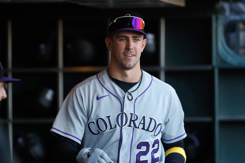 SAN FRANCISCO, CALIFORNIA - SEPTEMBER 10: Nolan Jones #22 of the Colorado Rockies looks on in the dugout before the game against the San Francisco Giants at Oracle Park on September 10, 2023 in San Francisco, California. (Photo by Lachlan Cunningham/Getty Images)