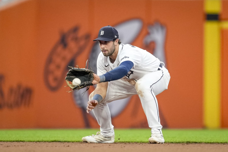 DETROIT, MICHIGAN - SEPTEMBER 09: Matt Vierling #8 of the Detroit Tigers catches the ball against the Chicago White Sox at Comerica Park on September 09, 2023 in Detroit, Michigan. (Photo by Nic Antaya/Getty Images)