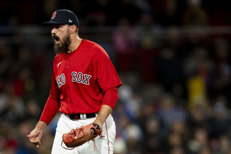 BOSTON, MA - MAY 4: John Schreiber #46 of the Boston Red Sox reacts during the seventh inning of a game against the Toronto Blue Jays on May 4, 2023 at Fenway Park in Boston, Massachusetts. (Photo by Billie Weiss/Boston Red Sox/Getty Images)