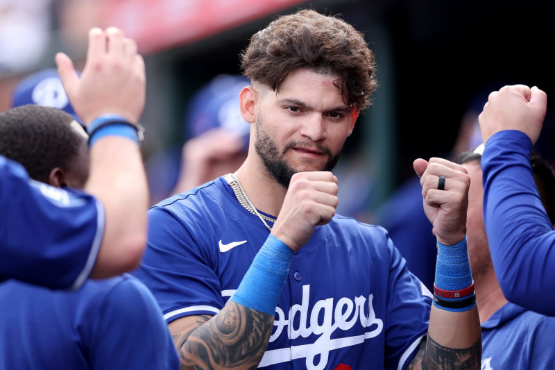 TEMPE, ARIZONA - FEBRUARY 24: Andy Pages #84 of the Los Angeles Dodgers celebrates a run against the Los Angeles Angelsduring a spring training exhibition at the Peoria Sports Complex on February 24, 2024 in Tempe, Arizona. (Photo by Steph Chambers/Getty Images)