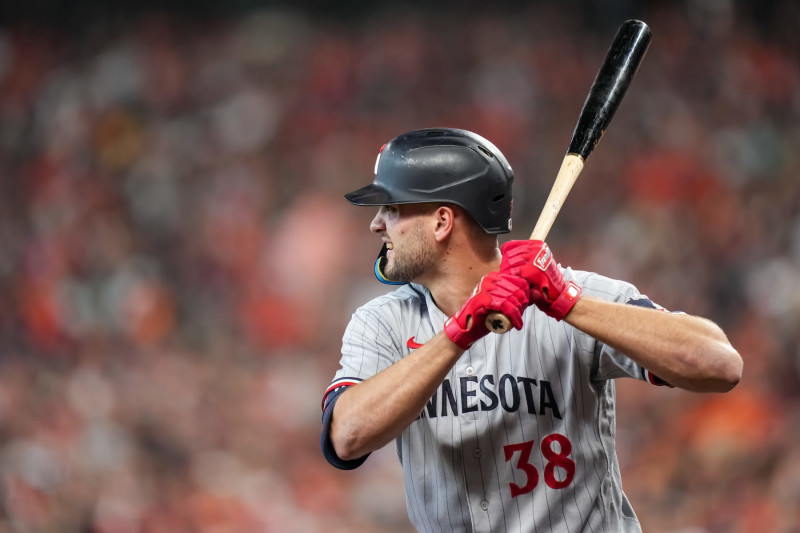 HOUSTON, TX - OCTOBER 07: Matt Wallner #38 of the Minnesota Twins bats during game one of the Division Series against the Houston Astros on October 7, 2023 at Minute Maid Park in Houston, Texas. (Photo by Brace Hemmelgarn/Minnesota Twins/Getty Images)