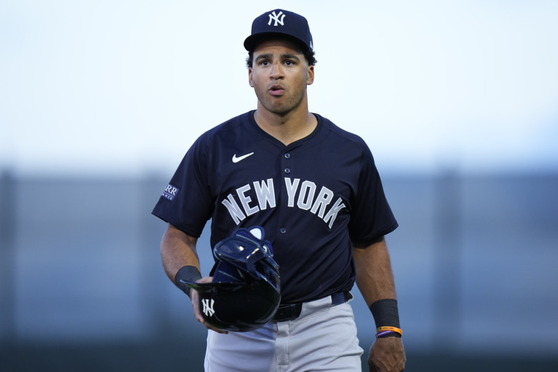 JUPITER, FLORIDA - MARCH 04: Trent Grisham #12 of the New York Yankees looks on prior to a spring training game against the Miami Marlins at Roger Dean Stadium on March 04, 2024 in Jupiter, Florida. (Photo by Rich Storry/Getty Images)