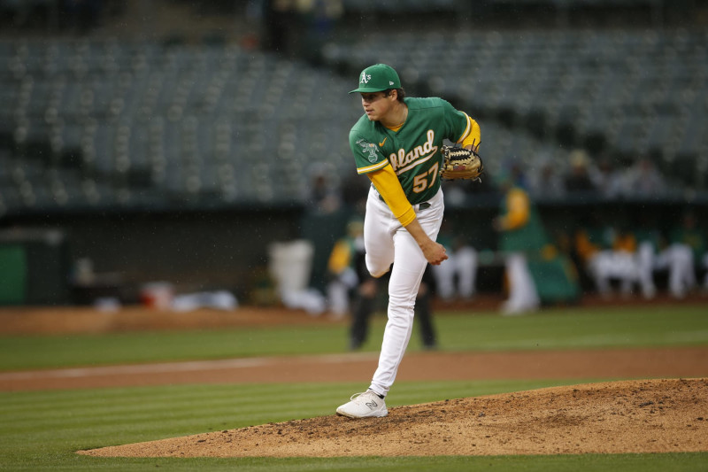 OAKLAND, CA - MAY 2: Mason Miller #57 of the Oakland Athletics pitches during the game against the Seattle Mariners at RingCentral Coliseum on May 2, 2023 in Oakland, California. The Mariners defeated the Athletics 2-1. (Photo by Michael Zagaris/Oakland Athletics/Getty Images)