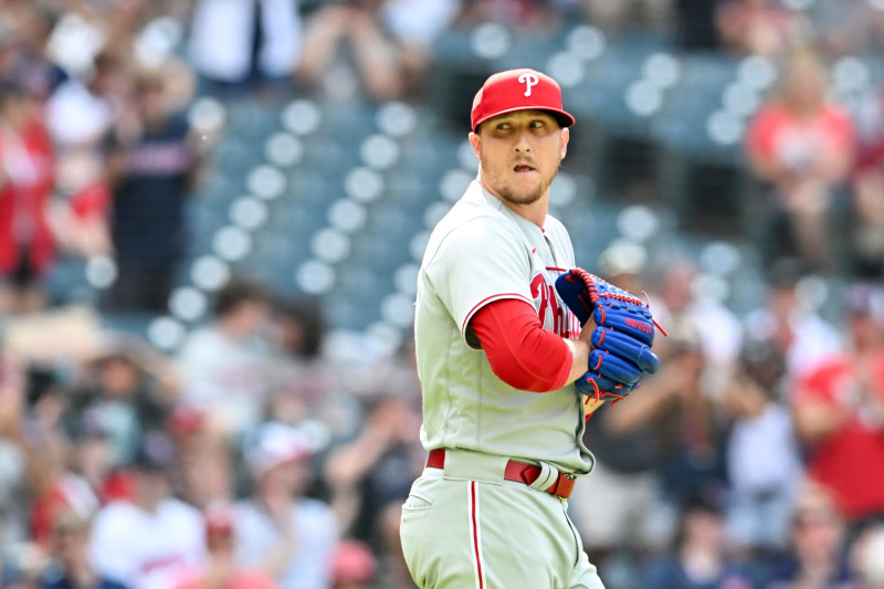 CLEVELAND, OHIO - JULY 23: Jeff Hoffman #68 of the Philadelphia Phillies looks on during the tenth inning against the Cleveland Guardians at Progressive Field on July 23, 2023 in Cleveland, Ohio. (Photo by Nick Cammett/Diamond Images via Getty Images)