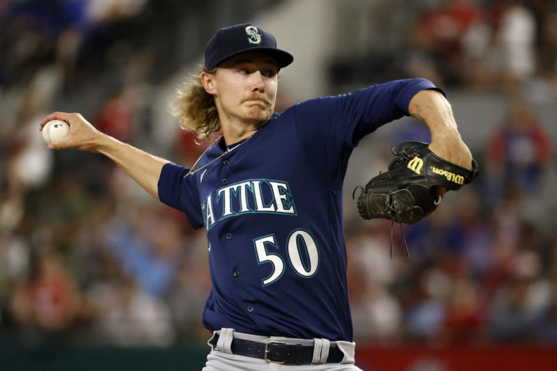 ARLINGTON, TX - JUNE 4: Bryce Miller #50 of the Seattle Mariners pitches against the Texas Rangers during the second inningat Globe Life Field on June 4, 2023 in Arlington, Texas. (Photo by Ron Jenkins/Getty Images)