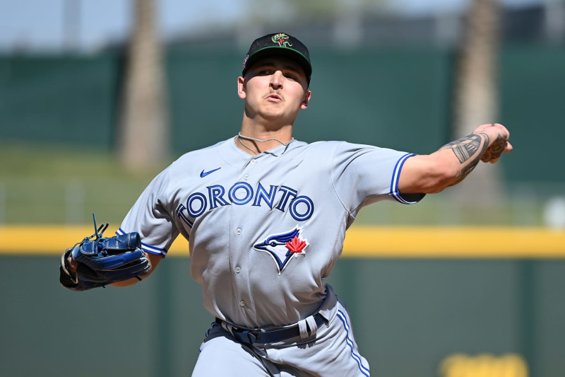 GOODYEAR, AZ - OCTOBER 14: Ricky Tiedemann #34 of the Surprise Saguaros pitches during the game between the Surprise Saguaros and the Mesa Solar Sox at Goodyear Ballpark on Saturday, October 14, 2023 in Goodyear, Arizona. (Photo by Norm Hall/MLB Photos via Getty Images)