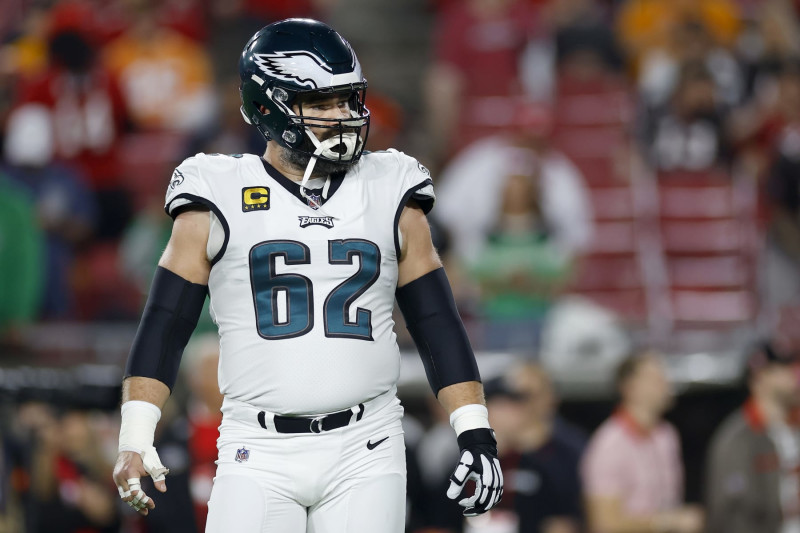 TAMPA, FLORIDA - JANUARY 15: Jason Kelce #62 of the Philadelphia Eagles warms up prior to the NFC Wild Card Playoffs against the Tampa Bay Buccaneers at Raymond James Stadium on January 15, 2024 in Tampa, Florida. (Photo by Mike Ehrmann/Getty Images)