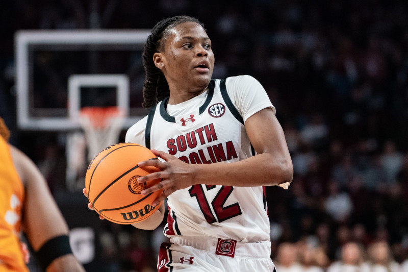 COLUMBIA, SOUTH CAROLINA - MARCH 03: MiLaysia Fulwiley #12 of the South Carolina Gamecocks drives to the basket against the Tennessee Lady Vols during the game at Colonial Life Arena on March 03, 2024 in Columbia, South Carolina. (Photo by Jacob Kupferman/Getty Images)