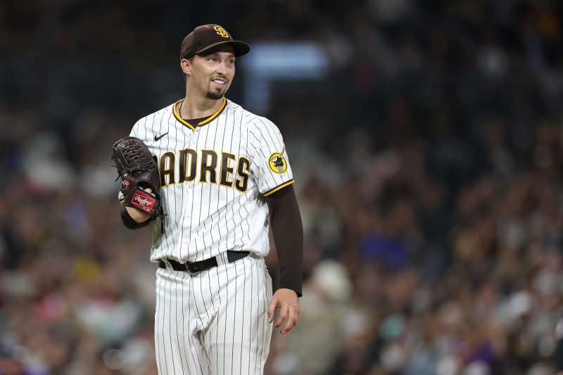 SAN DIEGO, CALIFORNIA - SEPTEMBER 19: Blake Snell #4 of the San Diego Padres looks o during the sixth inning of a game against the Colorado Rockies at PETCO Park on September 19, 2023 in San Diego, California. (Photo by Sean M. Haffey/Getty Images)