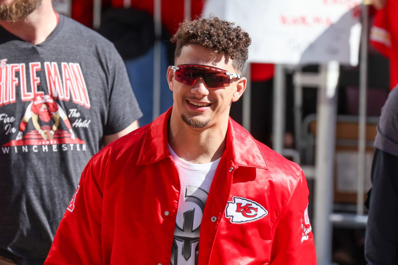 KANSAS CITY, MO - FEBRUARY 14: Patrick Mahomes smiles during the Kansas City Chiefs Super Bowl LVIII Victory Parade on Feb 14, 2024 in Kansas City, MO. (Photo by Scott Winters/Icon Sportswire via Getty Images)