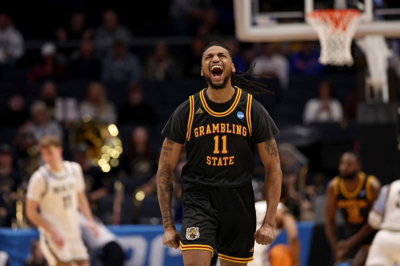 DAYTON, OHIO - MARCH 20: Jourdan Smith #11 of the Grambling State Tigers reacts against the Montana State Bobcats during the first half in the First Four game of the NCAA Men's Basketball Tournament at University of Dayton Arena on March 20, 2024 in Dayton, Ohio. (Photo by Michael Hickey/Getty Images)