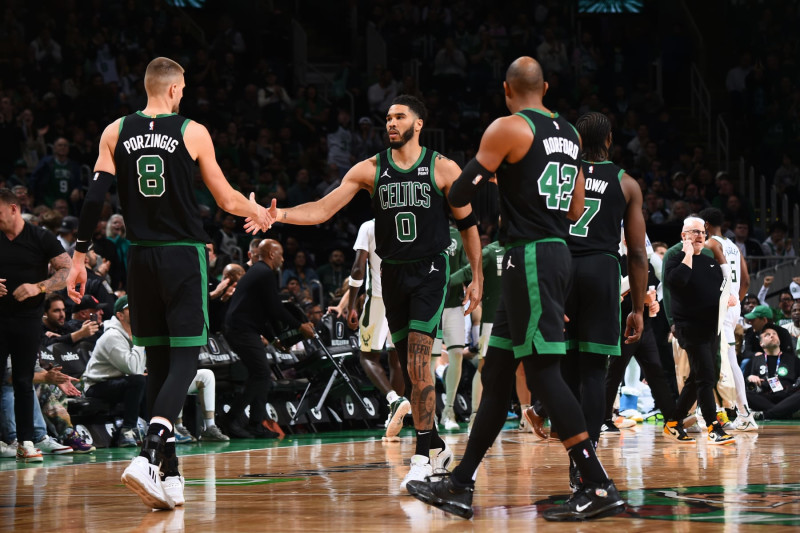 Kristaps Porziņģis, Jayson Tatum, Al Horford and Jaylen Brown