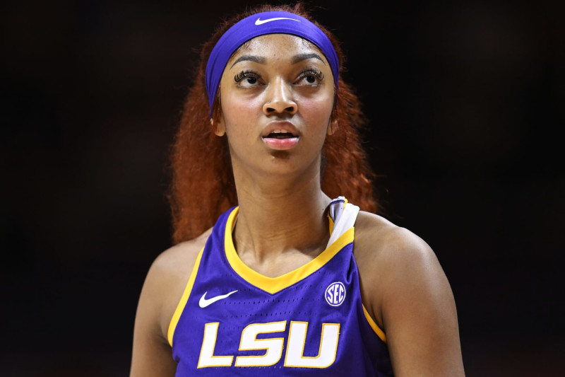 KNOXVILLE, TENNESSEE - FEBRUARY 25: Angel Reese #10 of the LSU Lady Tigers looks on against the Tennessee Lady Vols in the first quarter at Thompson-Boling Arena on February 25, 2024 in Knoxville, Tennessee. (Photo by Eakin Howard/Getty Images)