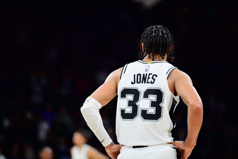 AUSTIN, TX - MARCH 15: Tre Jones #33 of the San Antonio Spurs looks on during the game against the Denver Nuggets on March 15, 2024 at the Moody Center in Austin, Texas. NOTE TO USER: User expressly acknowledges and agrees that, by downloading and or using this photograph, user is consenting to the terms and conditions of the Getty Images License Agreement. Mandatory Copyright Notice: Copyright 2024 NBAE (Photos by Michael Gonzales/NBAE via Getty Images)