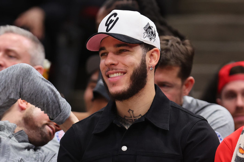 CHICAGO, ILLINOIS - NOVEMBER 09: Lonzo Ball #2 of the Chicago Bulls looks on from the bench against the New Orleans Pelicans during the first half at United Center on November 09, 2022 in Chicago, Illinois. NOTE TO USER: User expressly acknowledges and agrees that, by downloading and or using this photograph, User is consenting to the terms and conditions of the Getty Images License Agreement. (Photo by Michael Reaves/Getty Images)