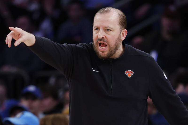 NEW YORK, NEW YORK - MARCH 10: Head coach Tom Thibodeau of the New York Knicks directs his team during the second half against the Philadelphia 76ers at Madison Square Garden on March 10, 2024 in New York City. The 76ers won 79-73. NOTE TO USER: User expressly acknowledges and agrees that, by downloading and or using this photograph, User is consenting to the terms and conditions of the Getty Images License Agreement. (Photo by Sarah Stier/Getty Images)