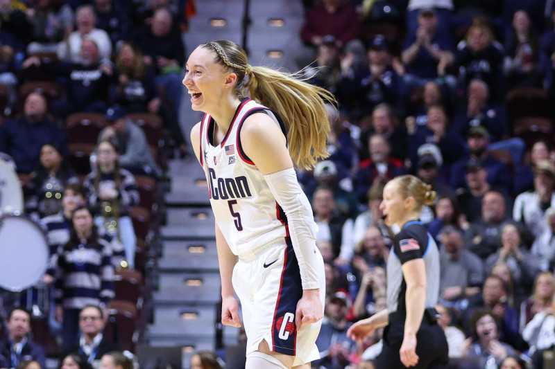 UNCASVILLE, CT - MARCH 11: UConn Huskies guard Paige Bueckers (5) reacts after a made shot during the Women's Big East Tournament championship game between Georgetown Hoyas and UConn Huskies on March 11, 2024, at Mohegan Sun Arena in Uncasville, CT.  (Photo by M. Anthony Nesmith/Icon Sportswire via Getty Images)