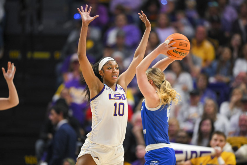 BATON ROUGE, LOUISIANA - MARCH 24: Angel Reese #10 of the LSU Tigers blocks a pass by Savannah Wheeler #4 of the Middle Tennessee Blue Raiders during the first quarter during the second round of the 2024 NCAA Women's Basketball Tournament held at Pete Maravich Assembly Center on March 24, 2024 in Baton Rouge, Louisiana. (Photo by Andy Hancock/NCAA Photos/NCAA Photos via Getty Images)